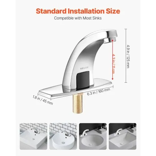 VEVOR berührungsloser Waschtischhahn (verchromtes Silber) Badezimmer, automatische Waschtischarmatur (Nur kaltes Wasser), batteriebetriebener Wasserhahn Toilettenhahn mit Lochabdeckung G233 – Bild 2