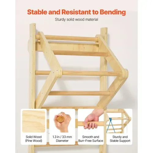 VEVOR schwedische Leiterwand 4 in 1 8-stufiges Kletterspielzeug aus Massivholz 100 kg belastbares Indoor-Klettergerüst mit Turnringen Klimmzugstange Strickleiter Wandleiter – Bild 3