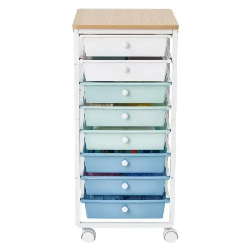 VEVOR Rollwagen mit 8 Schubladen Rollcontainer 400x330x715mm Grün Blau Weiß, Metallgestell, Holztischplatte, Handgriffe, Lenkrolle mit 2 Bremsen, Mobiler Schubladenwagen für Büro Werkstatt Klassenzimmer – Bild 9