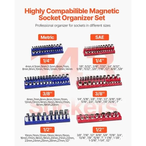 VEVOR Steckschlüssel-Organizer-Set, 6-teilig, 1/4 Zoll, 3/8 Zoll & 1/2 Zoll SAE-Steckschlüsselablagen, für bis zu 143 Standard- & tiefe Steckschlüssel, (Steckschlüssel nicht im Lieferumfang enthalten) VEVOR Steckschlüssel-Organizer-Set, 6-teilig, 1/4 Zoll, 3/8 Zoll & 1/2 Zoll SAE-Steckschlüsselablagen, für bis zu 143 Standard- & tiefe Steckschlüssel, (Steckschlüssel nicht im Lieferumfang enthalten)