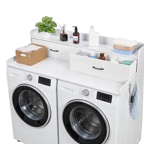 VEVOR Arbeitsplatte für Waschmaschine & Trockner (137 x 69,9 cm) mit Ablage & 2 Schubladen & Haken, für Wäscheschrank Speisekammer Küchentheke, 113 kg Belastbar, Weiß, Ablagefläche für Waschmittel – Bild 8