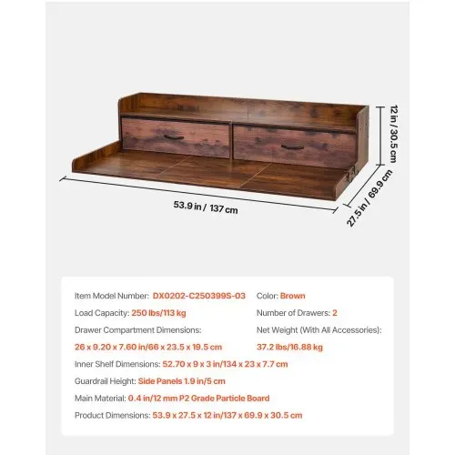 VEVOR Arbeitsplatte für Waschmaschine & Trockner (137 x 69,9 cm) mit Ablage & 2 Schubladen & Haken, für Wäscheschrank Speisekammer Küchentheke, 113 kg Belastbar, Braun, Ablagefläche für Waschmittel – Bild 6