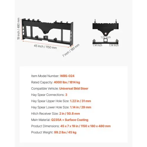 VEVOR Kompaktlader, 1814 kg Nenntragfähigkeit, 1150 mm Palettengabelrahmenaufsätze mit 50,8 mm Anhängerkupplung und Speerhülsen, passend für Lader-Traktoren mit Schnellbefestigung, nur Rahmen – Bild 6