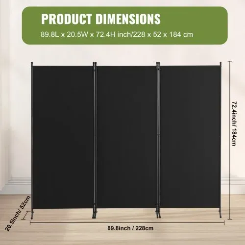 VEVOR Raumteiler Trennwand 3-teiliger Paravent Stellwand, faltbarer Sichtschutz für Büro Schlafzimmer Esszimmer Arbeitszimmer Balkon, Raumtrenner freistehend (228 x 52 x 184 cm), Schwarz – Bild 6