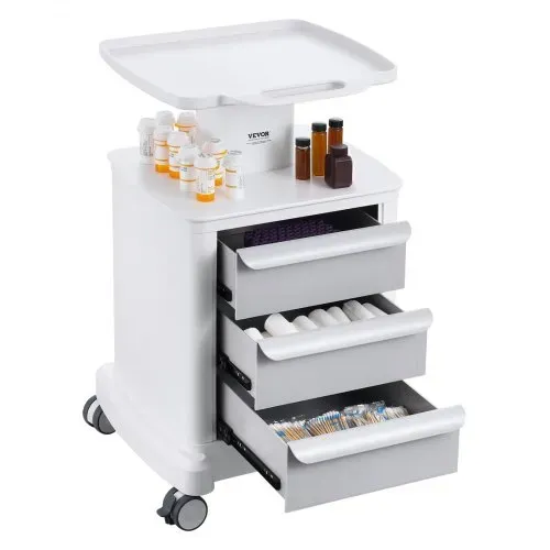 VEVOR Laborwagen mit 4 Ebenen, Laborwagen mit 3 Schubladen und 1 oberen Ablage, mobiler medizinischer Wagen aus ABS-Material, Laborrollwagen mit 4 leisen Rädern für Labor, Klinik, Krankenhaus, Salon, weiß – Bild 10