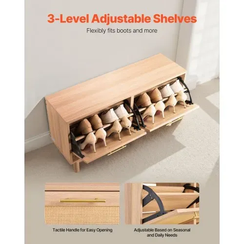 VEVOR Schuhregalbank Schuhbank (100 x 30 x 53 cm), Rattan-ähnliche Eingangsbank mit 2 Klappschubladen, Schuhregal mit 4 Fächern & 2 Rattantüren (136 kg belastbar), für Flur Wohnzimmer Schlafzimmer – Bild 3