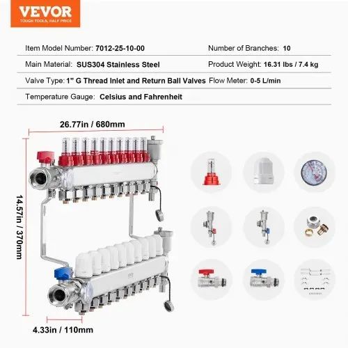 VEVOR 10-Zweig-Wärmeverteilungsverteiler, 1/2-Zoll-PEX-Rohrverteiler, Edelstahl-PEX-Verteiler für hydronische Fußbodenheizung, Wärmeverteilungs-PEX-Verteilersatz mit 1/2-Zoll-Adaptern im Lieferumfang enthalten – Bild 6