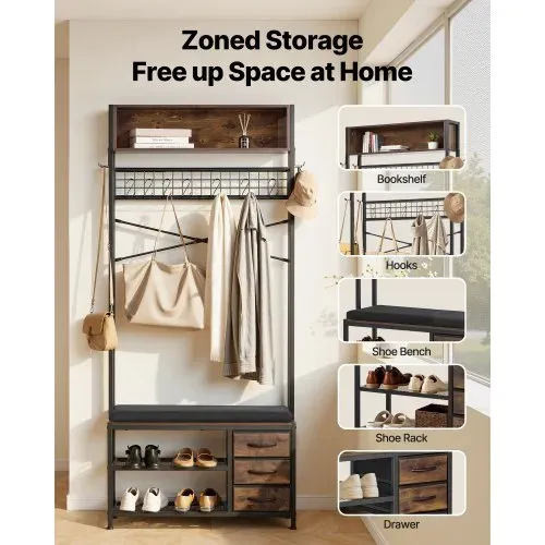 VEVOR Flurgarderobe 80 x 30 x180 cm, Garderobenständer mit Schuhablage (2 Ebenen) & 3 Schubladen, Freistehende Garderobe mit Bücherablage & Metallgitter, Ideal für Eingangsbereich, Schlafzimmer VEVOR Flurgarderobe 80 x 30 x180 cm, Garderobenständer mit Schuhablage (2 Ebenen) & 3 Schubladen, Freistehende Garderobe mit Bücherablage & Metallgitter, Ideal für Eingangsbereich, Schlafzimmer