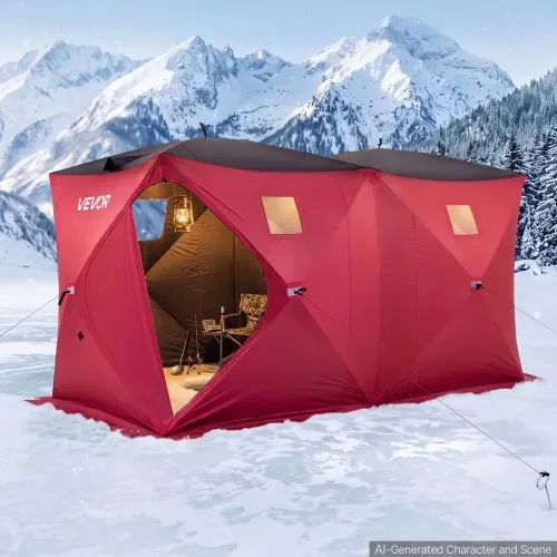 VEVOR Eisangelzelt Eisfischerzelt für 6-8 Personen 3,6x1,8x2m Eisschutzzelt, Angelzelt für Winterfischen, 6,27 m² Fläche, 300D Oxford-Gewebe, Hub-Style-Zelt mit Ankern, Seile, Tragetasche, Rot/Schwarz – Bild 7