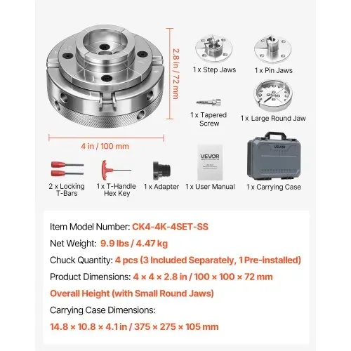 VEVOR 4 Zoll Drechselfutter Zentrierfutter (4 Backen) mit 1 Zoll x 8TPI Gewinde & Adapter, 5-tlg. Spannbacken Set (Stufen/Rund/Stift), Vernickelte Oberfläche mit Tragekoffer für Holzdrehbänke – Bild 6