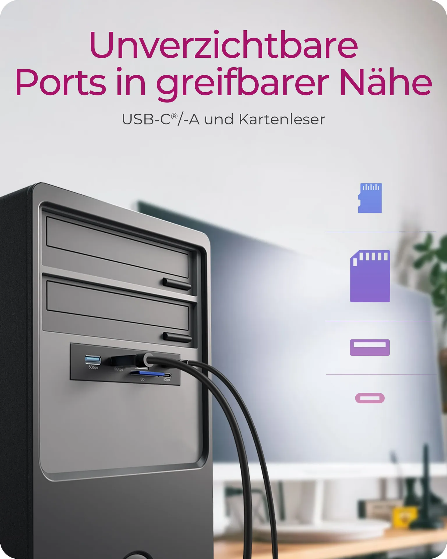 ICY BOX IB-HUB1419-i3, Front panel 3,5" mit USB Hub und Kartenleser, 2x USB-A 5 Gbit/s, 1x USB-C 5 Gbit/s, 1x USB-C 20 Gbit/s, 1x SD und 1x microSD 3.0 – Bild 3