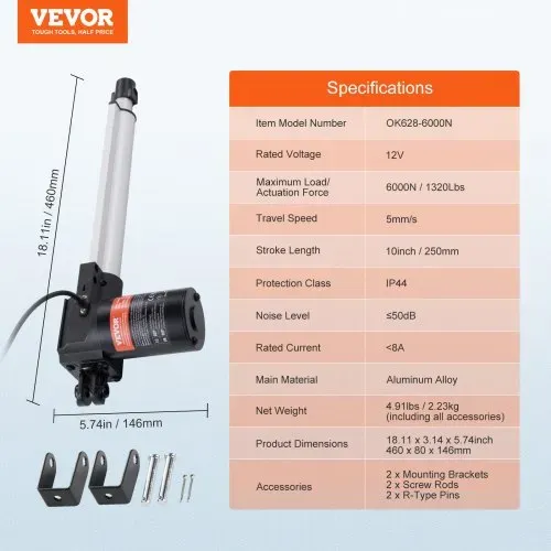 VEVOR 6000N Linear Actuator DC 12V Linearantrieb IP44 Elektrischer Linearmotor 250mm Hublänge Geräuschpegel ≤ 50dB Elektrische Türöffner 5 mm/s Fahrgeschwindigkeit Lineartechnik Verstellantrieb – Bild 6