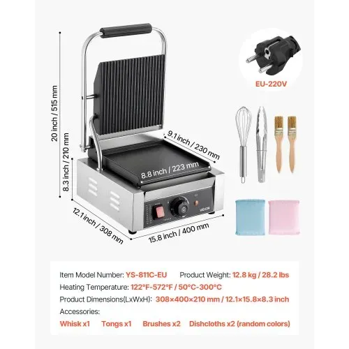 VEVOR Kommerzieller Kontaktgrill 1800 W Elektrogrill Sandwichmaker Panini Presse aus Edelstahl mit Griff & Temperaturregelung, 22 x 23 cm flache Emailleplatte (Einzel), für Hamburger Steak Speck – Bild 6