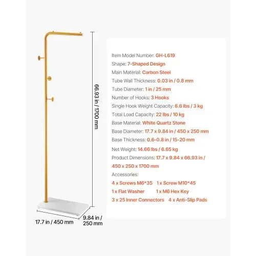 VEVOR Garderobenständer, 450 x 250 x 1700 mm, Kleiderständer mit Quarzsteinsockel und 3 runden Haken, Jackenständer für Eingangsbereich, Wohnzimmer, Haltestange für Mäntel, Hüte, Taschen – Bild 6