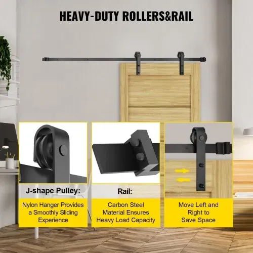 VEVOR Schiebetürbeschlag 366cm Länge Schiebetürsystem aus Kohlenstoffstahl Schiebetüren Komplettset 150kg Tragfähigkeit Laufschienen Set max. 183cm Türbreite Geeignet für Küche Scheunen Ställe – Bild 3