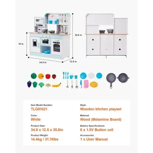 VEVOR Spielküche für Kinder, Holzspielzeug-Küchenset mit Lichtern und Geräuschen, Kleinkinderküche mit Eismaschine, Ofen, Spüle, Mikrowelle, Kühlschrank und Utensilien- und Obstzubehör für Kleinkinder im Alter von 3–8 Jahren, weiß – Bild 6