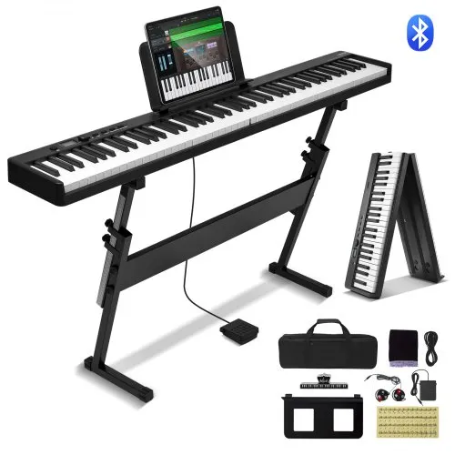 VEVOR 88-Tasten-Klappklavier, Bluetooth und MIDI, tragbares elektronisches digitales Klappklavier mit Ständer, Sustain-Pedaltasche, berührungsempfindliche Tasten, wiederaufladbar für Anfänger, Jugendliche und Erwachsene, schwarz VEVOR 88-Tasten-Klappklavier, Bluetooth und MIDI, tragbares elektronisches digitales Klappklavier mit Ständer, Sustain-Pedaltasche, berührungsempfindliche Tasten, wiederaufladbar für Anfänger, Jugendliche und Erwachsene, schwarz