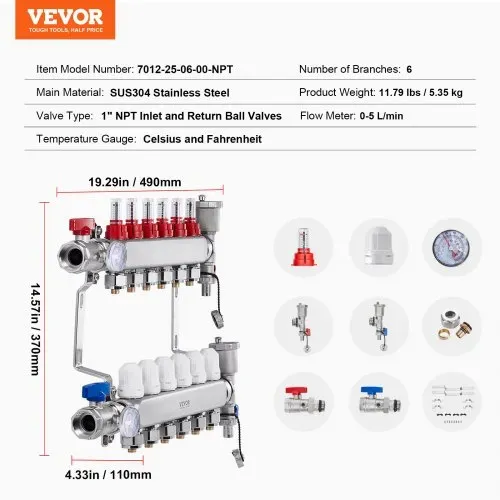 VEVOR 6-Zweig-Wärmeverteilungsverteiler, 1/2-Zoll-PEX-Rohrverteiler, Edelstahl-PEX-Verteiler für hydronische Fußbodenheizung, Wärmeverteilungs-PEX-Verteilersatz mit 1/2-Zoll-Adaptern im Lieferumfang enthalten – Bild 6