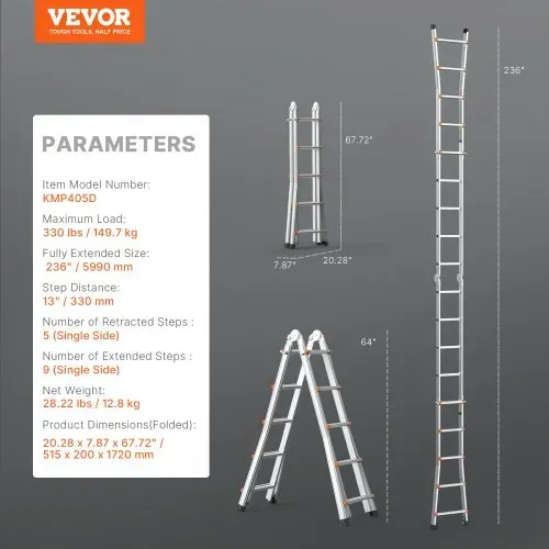 VEVOR Teleskopleiter mit A-Rahmen, 5990 mm Aluminium-Ausziehleiter, Mehrzweckleiter, Klappleiter, Stehleiter, Anlegeleiter für Hausaufgaben, Treppen, Innen- & Außendächer, 150 kg Tragkraft – Bild 6