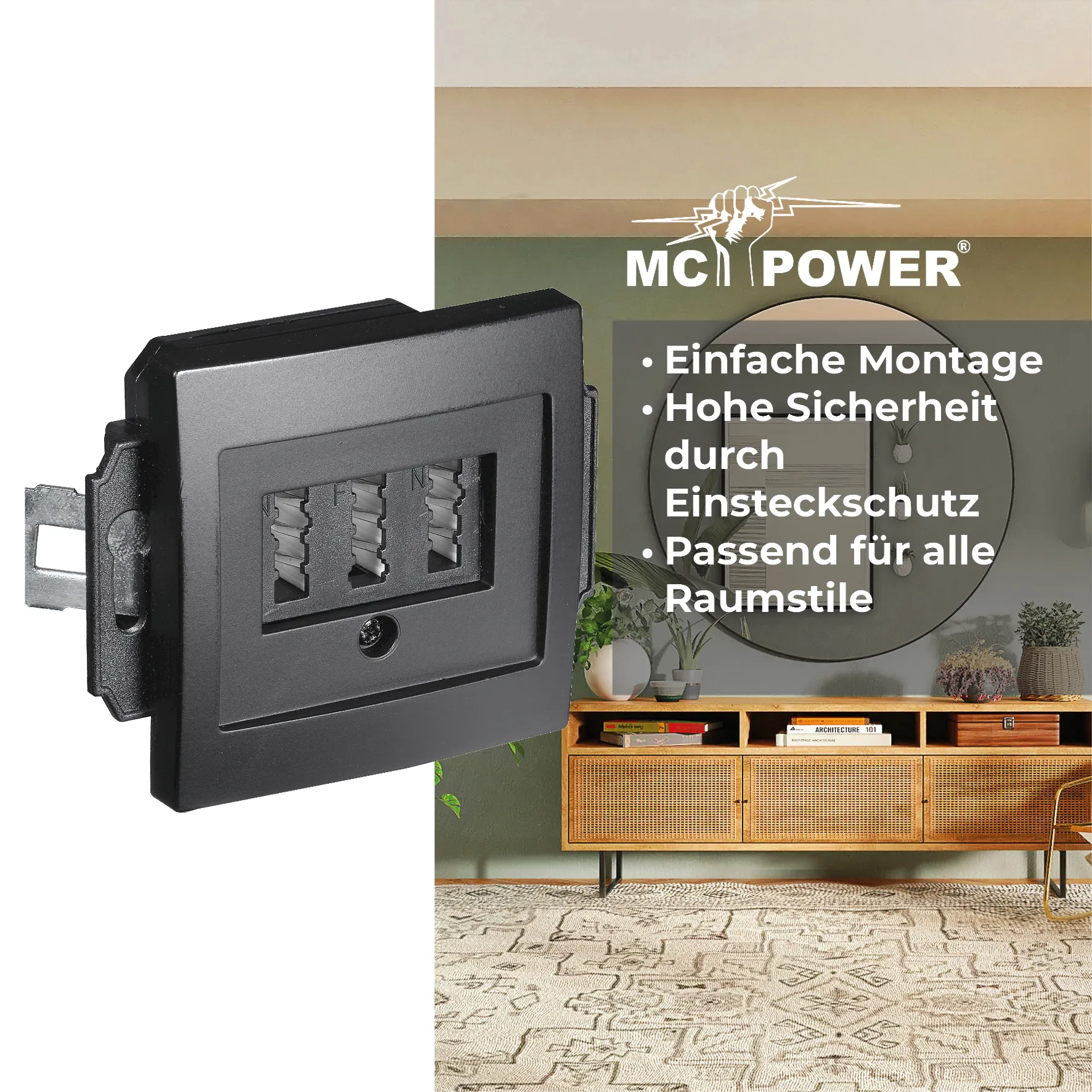 TAE-NFN-Anschlussdose McPower ''Flair'' UP, matt schwarz, 3x 6-polig – Bild 4