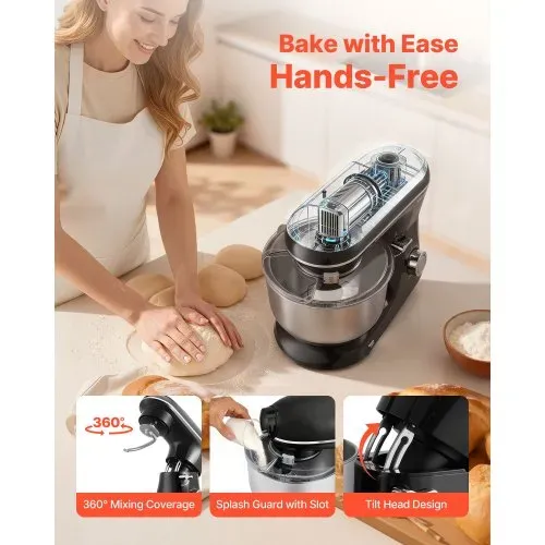 VEVOR KüchenmaschineTeigmixer 1400 W 5,68 L Küchenmaschine mit kippbarem Kopf Edelstahlschüssel Knethaken Schneebesen Schaber, Haushalts-Küchenmaschine zum Backen und Mixen, schwarz – Bild 5