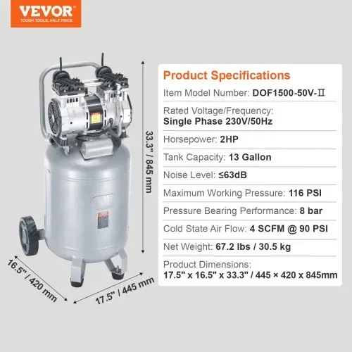 VEVOR Luftkompressor 49L Flüsterkompressor 2HP Luftpumpe ölfrei 8bar Kompressor Einphasig Geräuschpegel ≤63dB Ideal zum Aufpumpen von Reifen Autoreparaturen Malerarbeiten Holzarbeiten – Bild 6