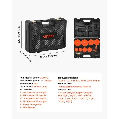 VEVOR Turbo Ladedruck Lecktester Set 0–80 PSI Prüfset für Turbo System Leckagen mit 4 Paar Gestuften Adaptern 1-3/8 bis 3-1/2 Zoll inkl Luftanschlüssen zur Ladeluftkühler und Ansaugrohr Prüfung – Bild 6