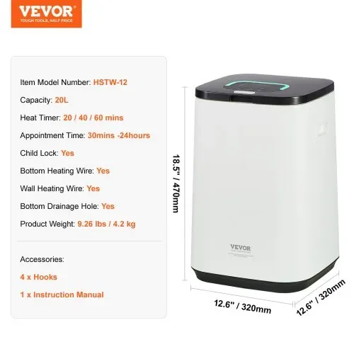 VEVOR 20L großer Handtuchwärmer-Eimer, Handtuchwärmer mit LED-Bildschirm und U-förmiger Kontrollleuchte, intelligenter Handtuchwärmer mit einstellbarem Timer für Badezimmer, Bademantel, Decke und Pyjama, automatische Abschaltung, weiß – Bild 6
