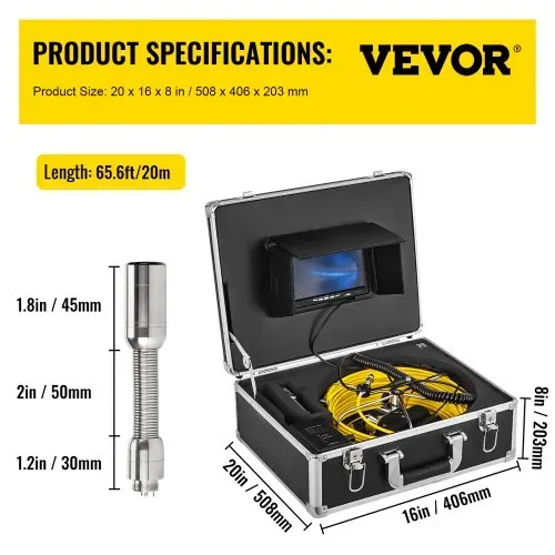 VEVOR Kanalinspektionskamera 177,8 mm, Rohrkamera Inspektion 20 M, Pipe Camera Inspection Ip68 Wasserdichte Abflussrohr-Kanalinspektionskamera System, Handheld Rohr-Inspektionskamera 800 x 480 HD Kamera – Bild 6
