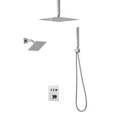 VEVOR Duschsystem-Set mit 12 Zoll Regenduschsystem / 6 Zoll Wandmontagekopf / 2 in 1 Handbrause, drehbarer Doppelregenkopf (3 Funktionen), Messingventil und Verkleidungssatz, Chrom thermostatisch – Bild 9