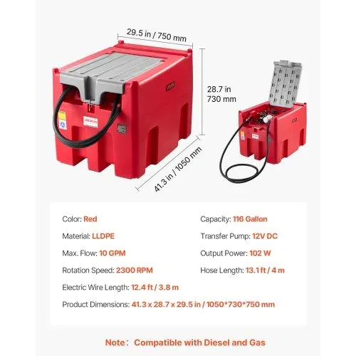 VEVOR Tragbarer Diesel-& Benzintank, 440 L, 45 L/min Durchflussrate, Dieselkraftstofftank mit 12 V Transferpumpe, 4 m Schlauch, automatische Betankungsdüse, Transfertank für Kraftstofftransport, Rot – Bild 6