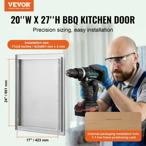 VEVOR Grill-Zugangstür, 508 x 686 mm, Einzelne Außenküchentür, Flächenbündig Montierte Edelstahltür, Vertikale Wandtür mit Griff, für Grillinsel, Grillstation, Außenschrank VEVOR Grill-Zugangstür, 508 x 686 mm, Einzelne Außenküchentür, Flächenbündig Montierte Edelstahltür, Vertikale Wandtür mit Griff, für Grillinsel, Grillstation, Außenschrank