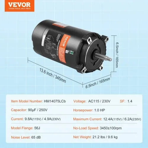 VEVOR 1 PS Poolpumpenmotor, 56J Rahmen, 115V(9.8 Ampere)/230V(4.9 Ampere) 3450 U/min, 60Hz, 1.4 Betriebsfaktor, 90μF/250V Kondensator, CCW Rotation Rundflansch Ersatzmotor – Bild 6