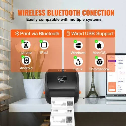 VEVOR Thermo-Etikettendrucker 300DPI Edikettendruckgerät Labeldrucker 3600 Etiketten pro Stunde Versandetiketten Drucker Bluetooth/USB Automatische Etikettenerkennung Windows Mac OS Linux Chromebook – Bild 2