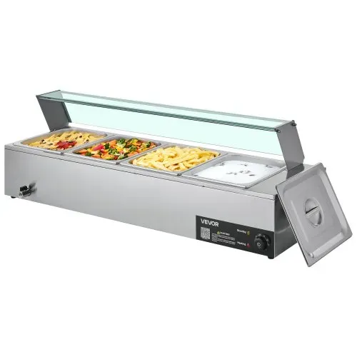 VEVOR kommerzieller Speisenwärmer (4 x 1/2 Größe Behälter), 1,5 kW elektrischer Wärmebehälter aus Edelstahl mit Glasabdeckung & Suppenkelle, Chafing Dishes Set für Catering Restaurant Party – Bild 10