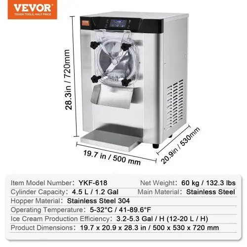 VEVOR Kommerzielle Eiscreme-Maschine, 12 L/h Einzelgeschmacksrichtung Arbeitsplatten-Eiscrememaschine für Hartes Servieren, 4,5 L Edelstahlzylinder, LED-Panel, Automatische Vorkühlung mit Reinigung – Bild 6