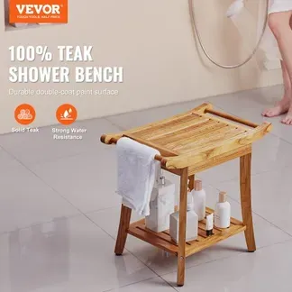 VEVOR Duschbank aus Teakholz, 56 x 36 x 47 cm, wasserdichter Duschhocker aus Holz mit Ablagefläche, Griff und rutschfesten Füßen, maximale Tragkraft 136 kg, für Badezimmer im Innen- und Außenbereich VEVOR Duschbank aus Teakholz, 56 x 36 x 47 cm, wasserdichter Duschhocker aus Holz mit Ablagefläche, Griff und rutschfesten Füßen, maximale Tragkraft 136 kg, für Badezimmer im Innen- und Außenbereich