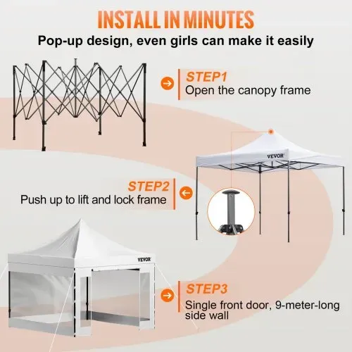 VEVOR Pavillon faltbar 3x3m Faltpavillon 240g PVC-beschichtetes Polyester Pop-Up-Pavillon 1,95-2,13m Einstellbar Partyzelt Festzelt Strandzelt Weiß für Hochzeiten oder andere kommerzielle Aktivitäten – Bild 4