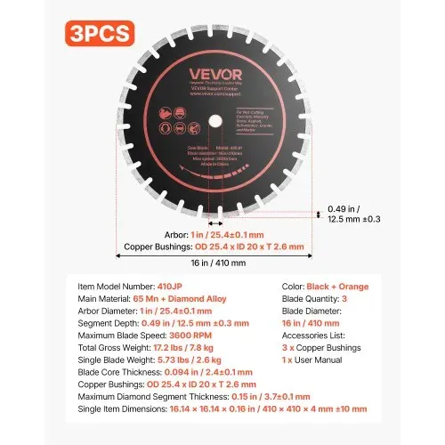 VEVOR 3 Stk. Diamanttrennscheiben 410mm, Diamant-Sägeblätter mit 25,4mm Bohrung & 12,5mm Segmenthöhe, Max. 3600 U/min Diamantscheiben für Trocken/Nass Schneiden, Trennscheibe für Beton Mauerwerk Stein – Bild 6