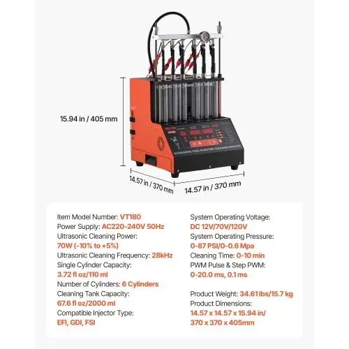 VEVOR Einspritzdüsenreiniger-Tester 9 Testmodi, 6-Zylinder-Ultraschallreinigungsgerät 28 kHz, Einstellbar auf 12/70/120 V für EFI/FSI/GDI, Einspritzdüsenreiniger mit Ablassventil für Auto – Bild 6