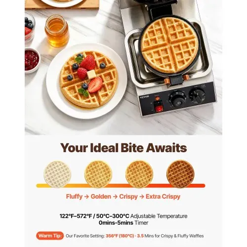 VEVOR Rundes Waffeleisen Waffel 1300 W, Kontaktgrill Belgische Waffeleisen 4 Stk. Edelstahl Waffeln Automat inkl. Lebensmittelclip & Bürsten & Verbrühungssicherer Griff, für Cafés, Restaurant usw. – Bild 3