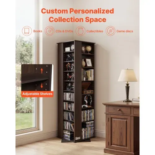 VEVOR Medienregal 475x475x1636 mm, CD-Turm, Drehbares Bücherregal mit 34 Fächern für CDs, DVDs, Bücher & Spiele-Discs, DVD-Ständer für Wohnzimmer, Homeoffice & Aufnahmeraum, Braun – Bild 3