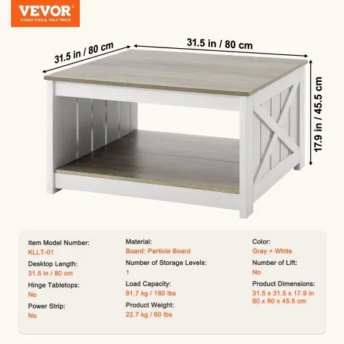 VEVOR Couchtisch Kaffeetisch im Farmhouse-Stil, quadratischer Couchtisch mit offenem Ablagefach, 81,7 kg belastbar rustikaler Cocktailtisch aus Holz für Wohnzimmer Schlafzimmer Studio (Grau + Weiß) – Bild 6