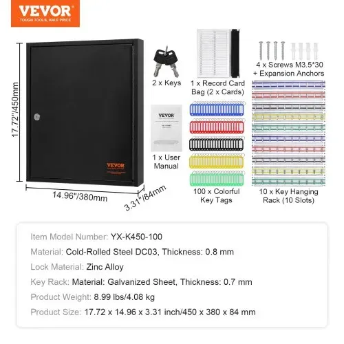 VEVOR Schlüsselschrank Schlüsselkasten 100 Schlüssel, Schwarz Schlüsselbox Schlüsseltresor Einstellbar, Abschließbarer Schlüsselschrank mit 10 Schlüsselhaltern, 2 Schlüsseln & 2 Karteikarten – Bild 6