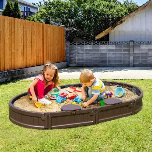 VEVOR Sandkasten mit Abdeckung, 183 x 105 x 23 cm, ovaler Sandkasten, HDPE-Sandgrube mit 4 Ecksitzen und Bodenauskleidung, Kindersandkasten für Garten, Strand, Park, Geschenk für Jungen und Mädchen im Alter von 3–12 Jahren, braun – Bild 7