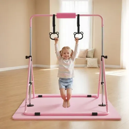 VEVOR Gymnastikstange für Kinder mit 63,5 kg Tragkraft, Klappbares Turnreck mit Matte, Höhenverstellbare Turnstange für Indoor- und Outdoor-Training, Heimtrainingsgerät für Kinderturnen zu Hause, Rosa – Bild 7