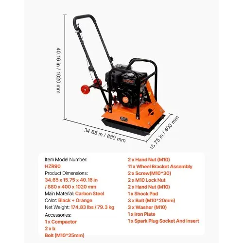 VEVOR Benzin Rüttelplatte, 6,5 PS (212 CC) Motor, 6400 U/min Vibrationsstampfer, 15 kN Verdichtungsdruck, Platte 530x400 mm, Handgeführter Rüttler für Pflasterarbeiten, Asphalt & Fundamente – Bild 6
