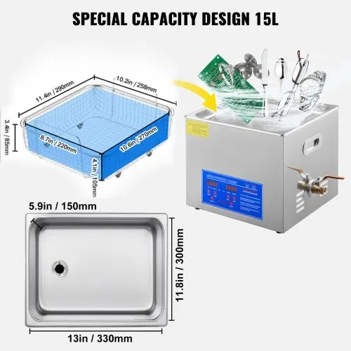 VEVOR 15L Ultraschallreinigungsgerät mit Heizung 360W Ultraschallreiniger aus Edelstahl Ultraschallbad Ultraschall Reinigungsgerät für Brillen Schmuck Zahnprothesen Münzen usw. – Bild 5
