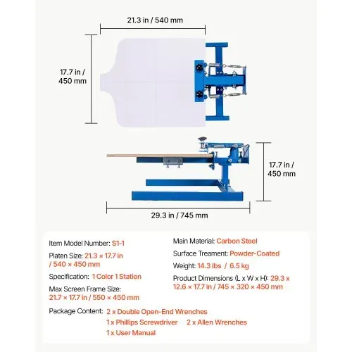 VEVOR Siebdruckmaschine 1-Farbe 1-Stationen-Siebdruckpresse 540x450 mm, Einstellbare Spannung Pulverbeschichteter Kohlenstoffstahl für T-Shirt-Bedruckung Heim-& Gewerbegebrauch – Bild 6