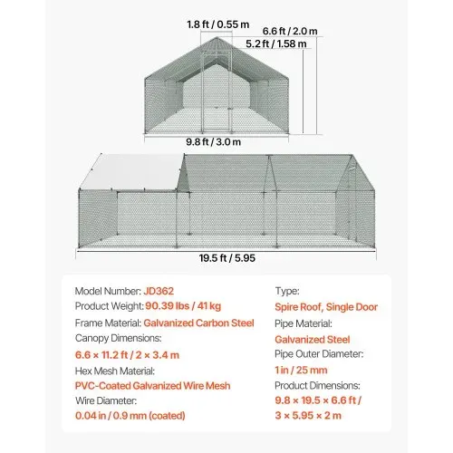 VEVOR Hühnerstall Metall 3x5,95x2m Begehbarer Hühnerauslauf mit Abdeckung, Hühnerhaus mit Turmdach & Sicherheitsschloss Enten- & Kaninchenkäfig, Geflügelgehege für Hinterhof Bauernhof Hof – Bild 6